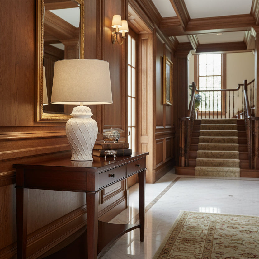 White Ceramic Ginger Jar Lamp With Linen Shade 64cm | Annie Mo's