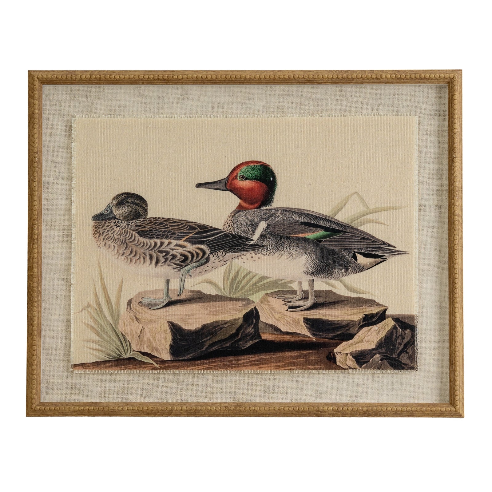 Framed artwork of two ducks on rocks with a beige background