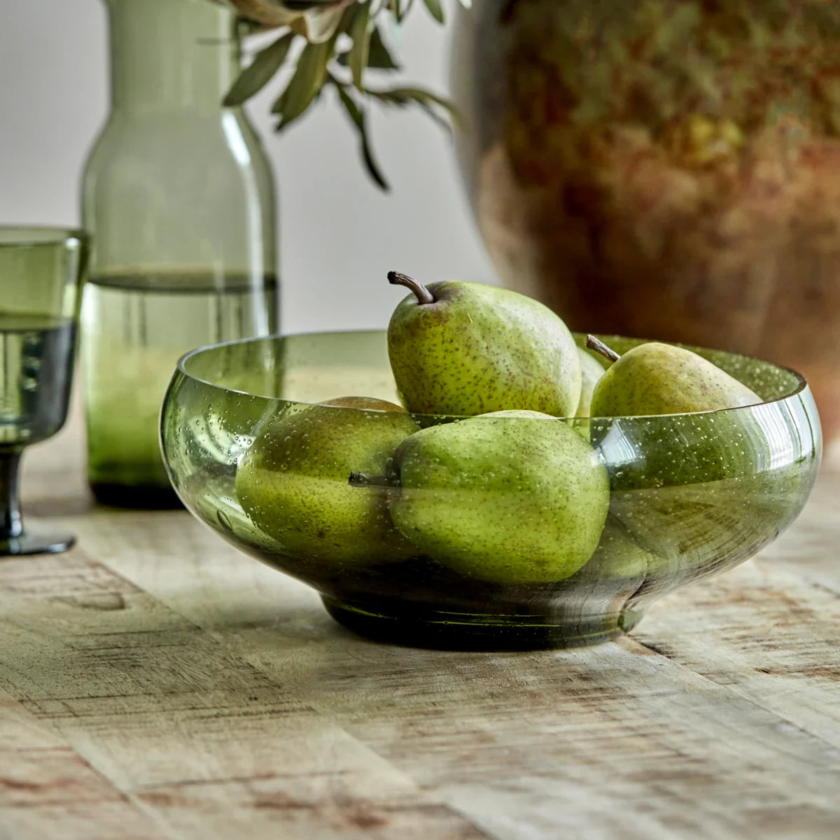 Bubbled Green Glass Bowl 24.5cm