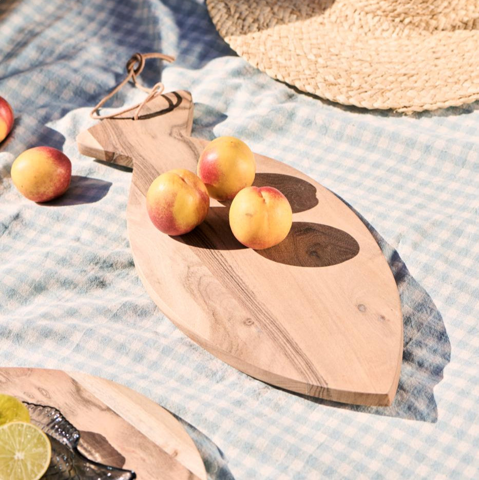 Cutting Board with Leather String Oblong Fish Acacia Wood 47cm | Annie