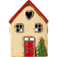 Ceramic Tealight House with Red Roof and Christmas Tree 14cm