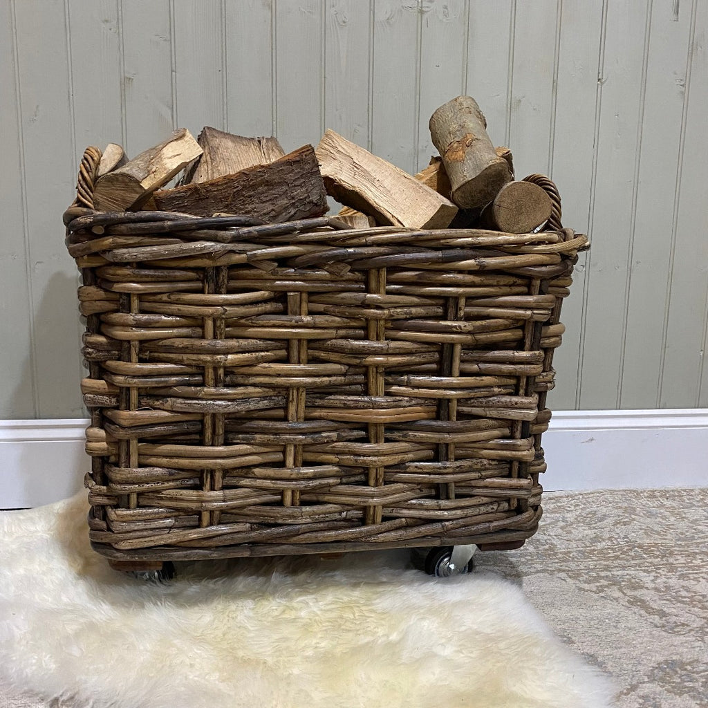 Rectangle Log Basket with Wheels and Jute Liner