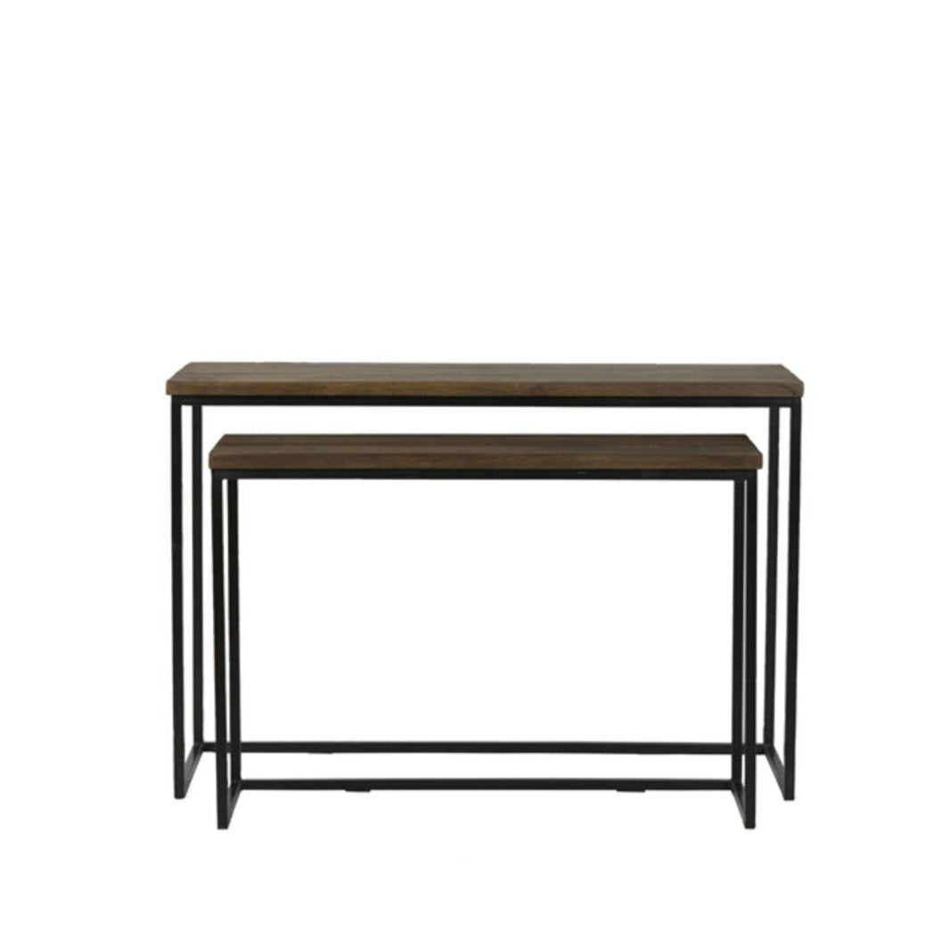 Set of Two Bryson Brown Wood and Black Metal Console Tables 120cm 