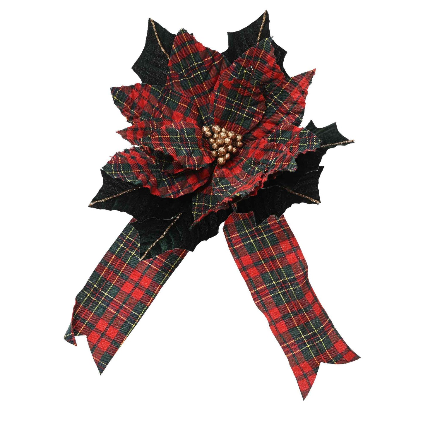 Tartan Poinsettia Flower Clip-On Ribbon Decoration 29cm | Annie Mo's