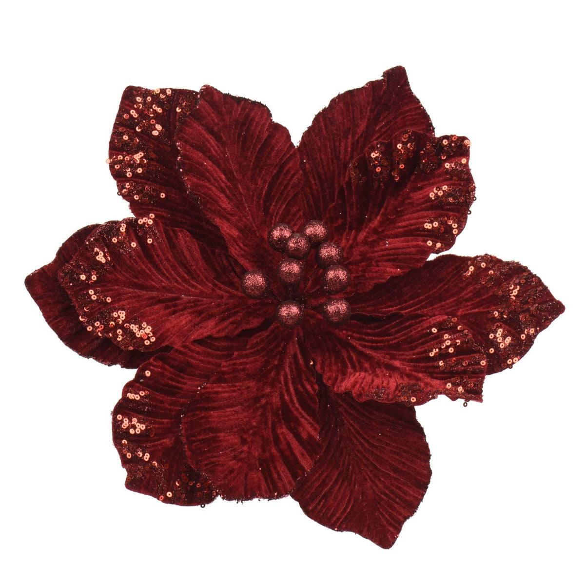 Velvet Poinsettia Glitter Flower Clip-On Decoration 35cm - Burgundy | Annie Mo's
