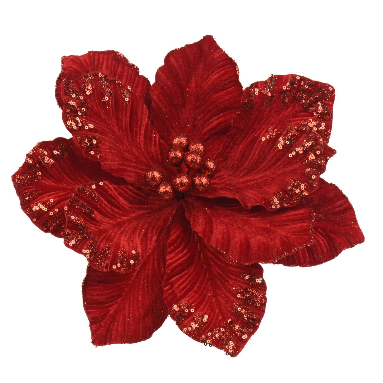 Velvet Poinsettia Glitter Flower Clip-On Decoration 35cm - Red | Annie Mo's
