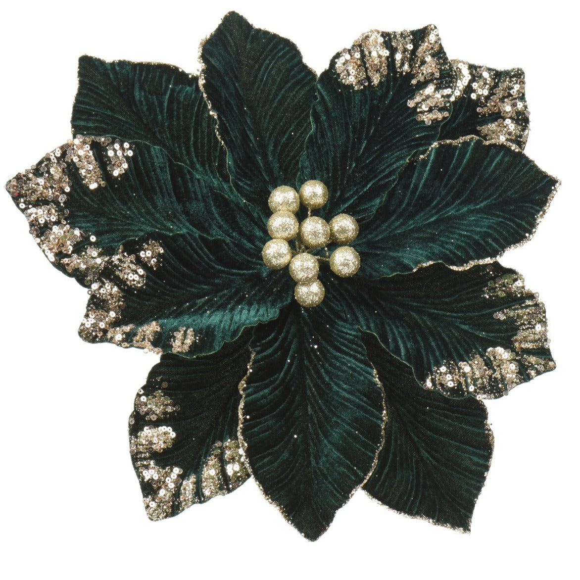 Velvet and Pearl Poinsettia Flower Clip-On Decoration 35cm - Pine Green | Annie Mo's