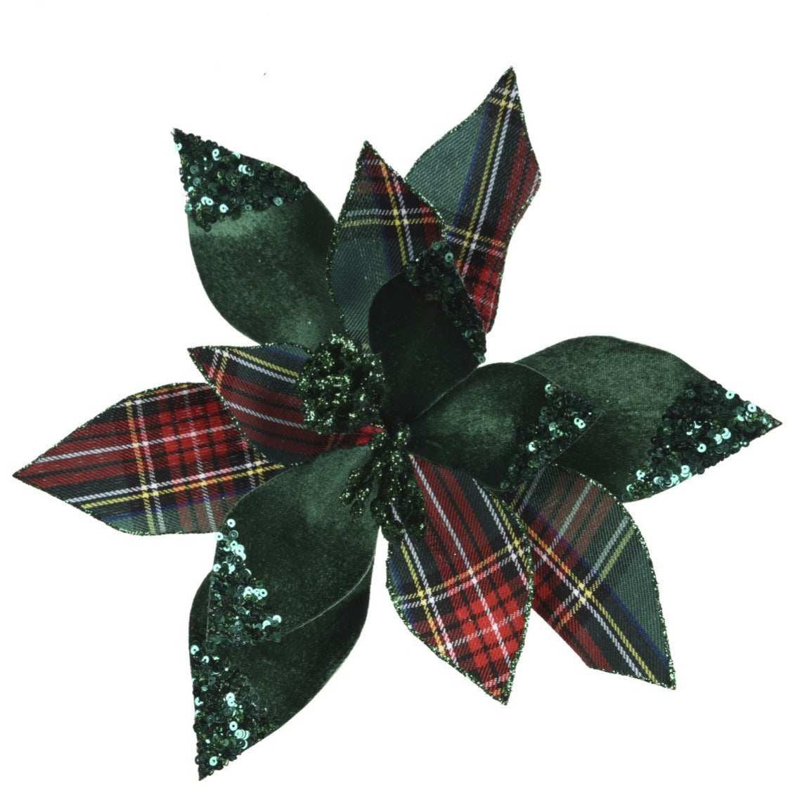 Velvet Tartan Poinsettia Clip 27cm - Green | Annie Mo's