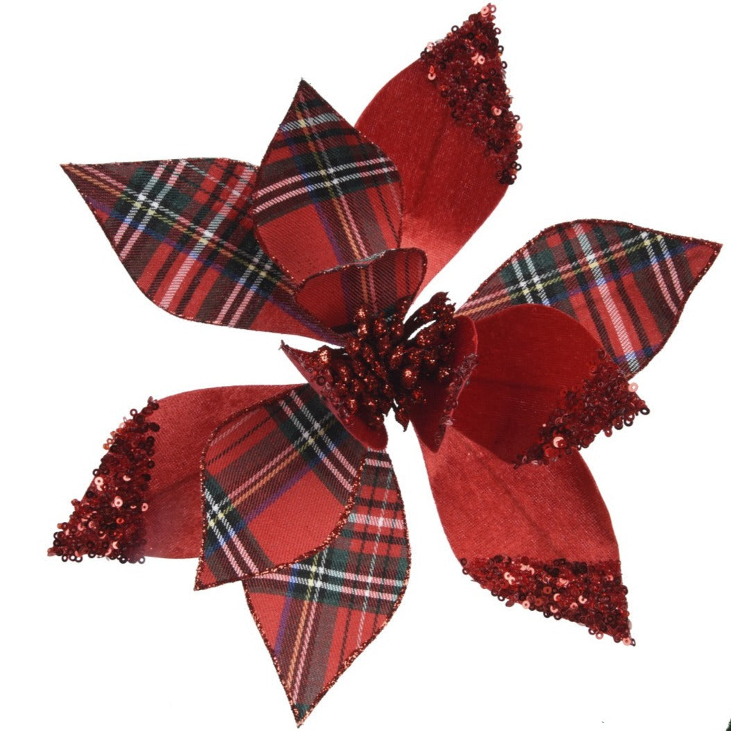 Velvet Tartan Poinsettia Clip 27cm - Red | Annie Mo's