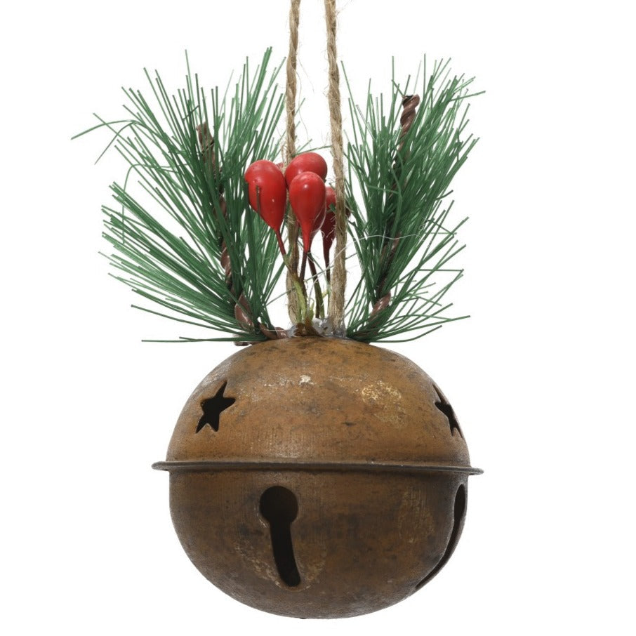 Iron Bell Bauble with Needle Sprig and Berries - Bronze | Annie Mo's