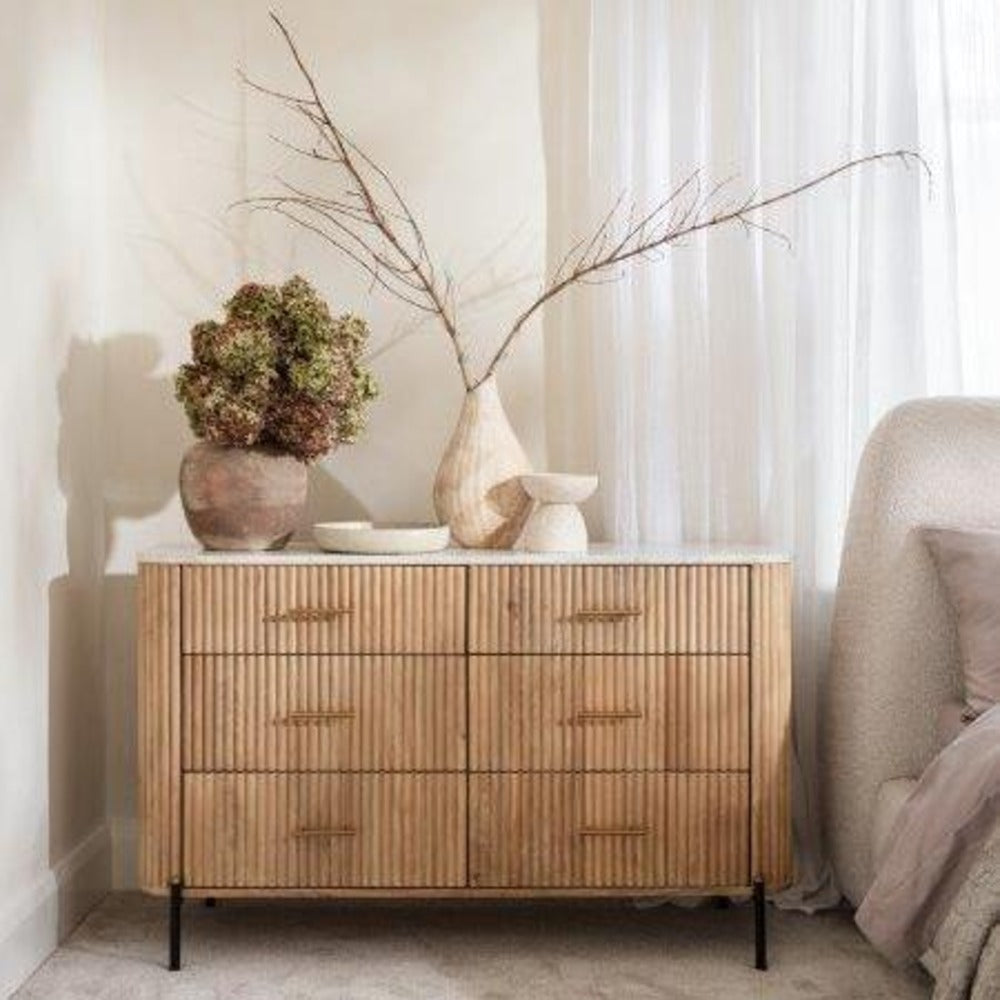 Six Drawer Reed Mango Wood and White Marble Wide Chest of Drawers