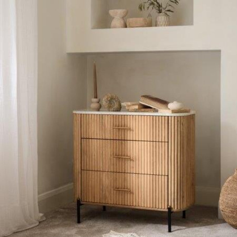 Three Drawer Reed Mango Wood and White Marble Chest of Drawers