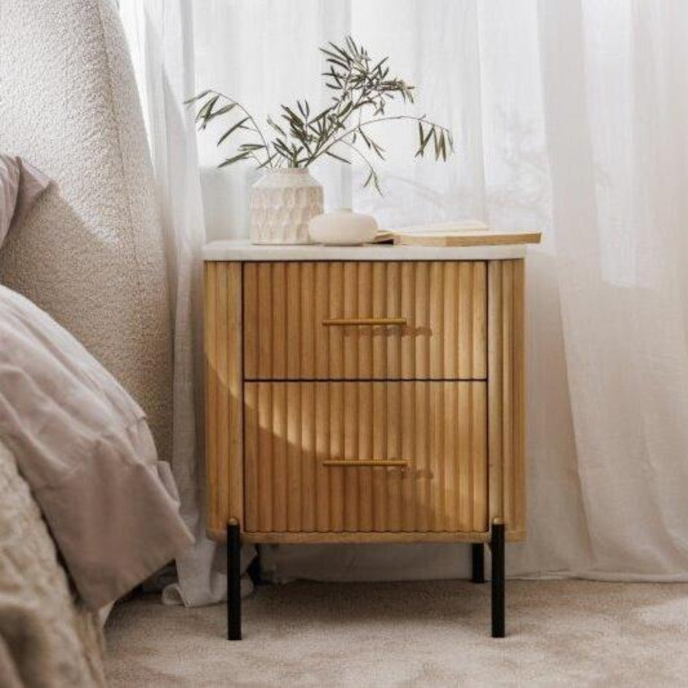 Reed Mango Wood and White Marble Bedside Cabinet