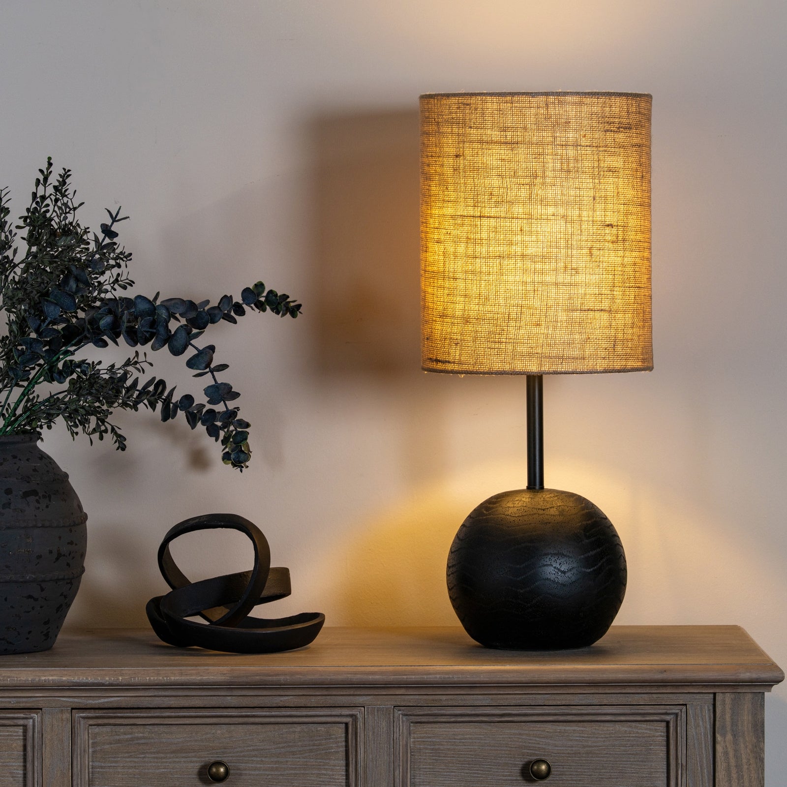 Black Cannon Table Lamp With Hessian Shade 61cm | Annie Mo's