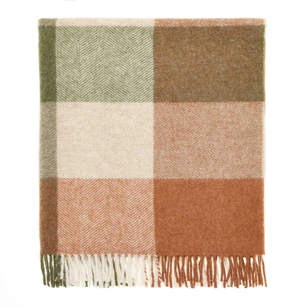 British Wool Block Check Throw - Terracotta and Green