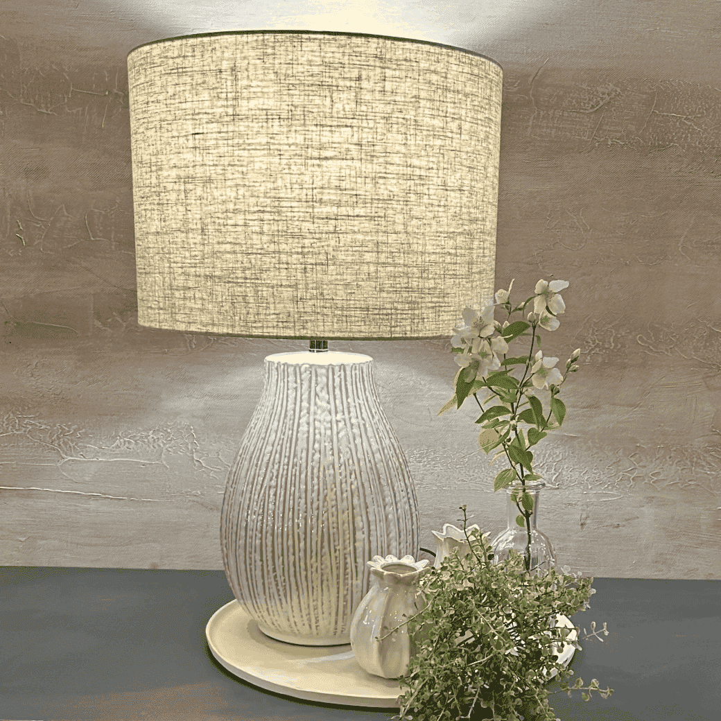 Bulbous Textured Cream Table Lamp with Linen Shade 57cm