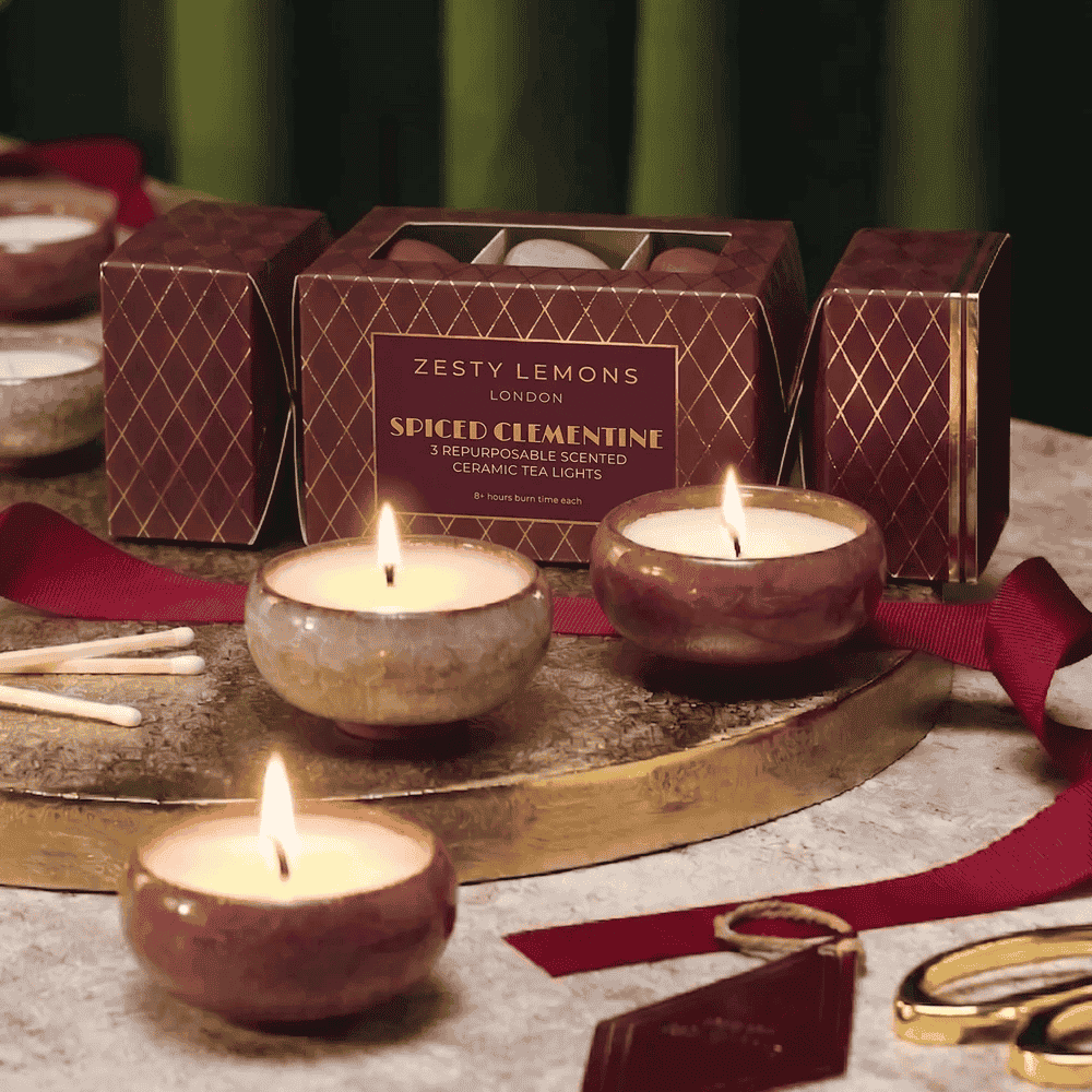 Under the Tree: Burgundy & Gold Tea Light Cracker (Box of 3) - Spiced Clementine