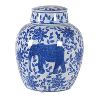 Hand Painted Blue and White Elephant Ceramic Lidded Jar 26cm