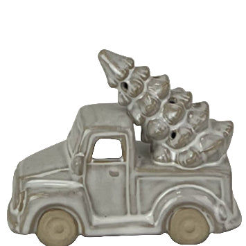 Glazed Ceramic Car Carrying Christmas Tree Ornament with Textured Detail and LED 13cm