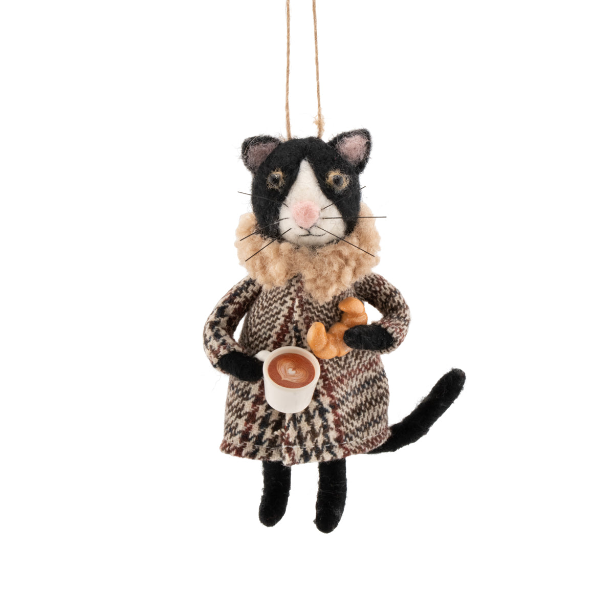 Cat with Coffee and Croissant Felt Decoration 13cm | Annie Mo's
