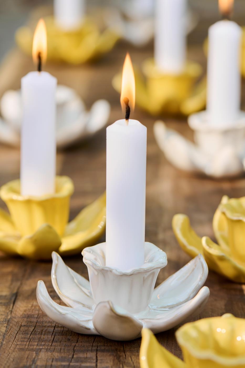 Ceramic Daffodil Candle Holder for Dinner Candles in a Butter Cream Colour