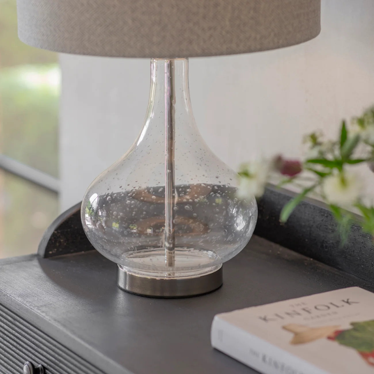 Clifton Bubbled Glass Lamp with Grey Herringbone Shade 63cm