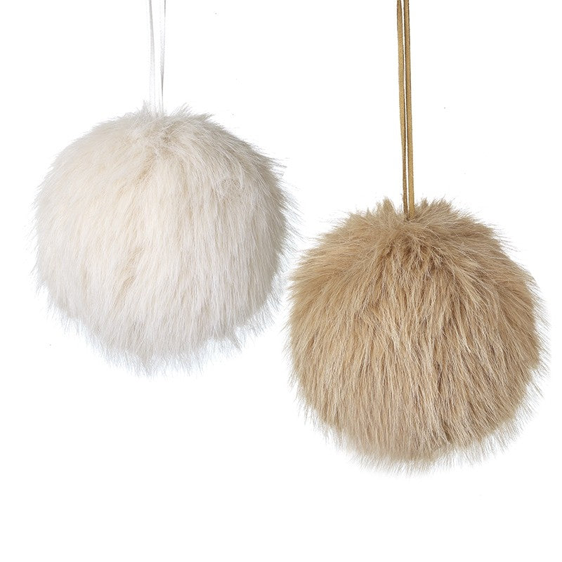 Cream And Gold Fluffy Pom Pom Bauble Mix of Two 12cm | Annie Mo's