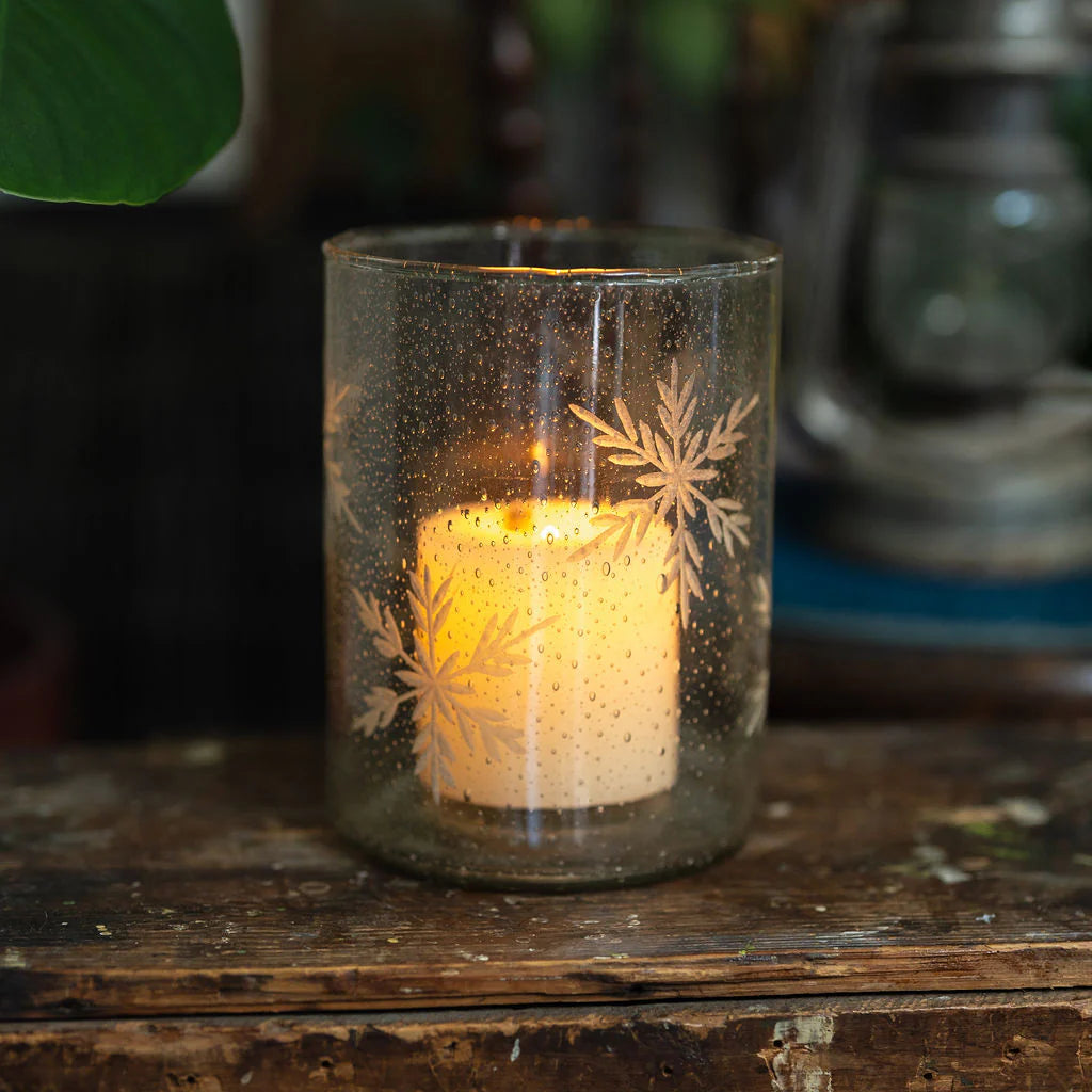Etched Snowflake Glass Tealight Holder 17cm | Annie Mo's