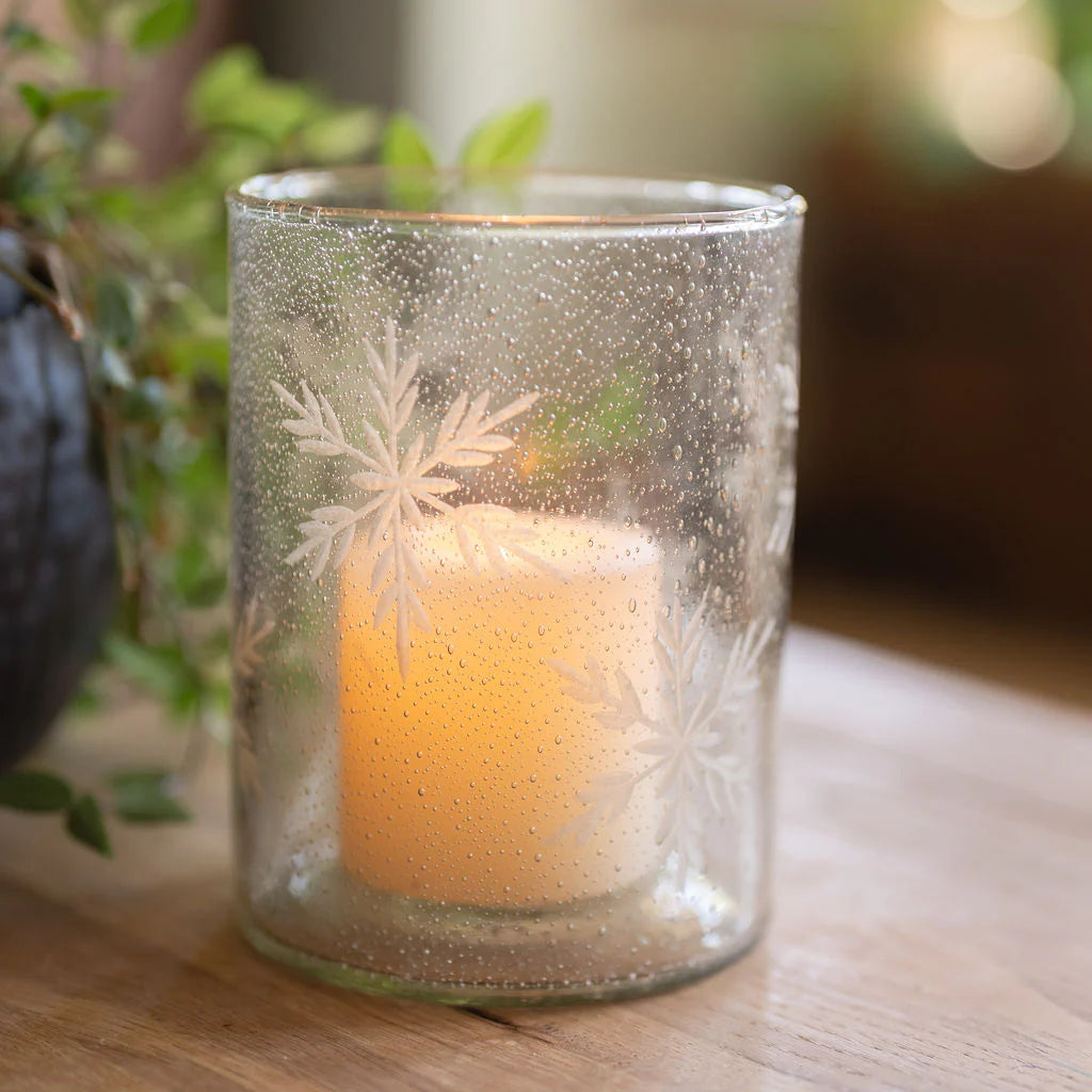 Etched Snowflake Glass Tealight Holder 17cm