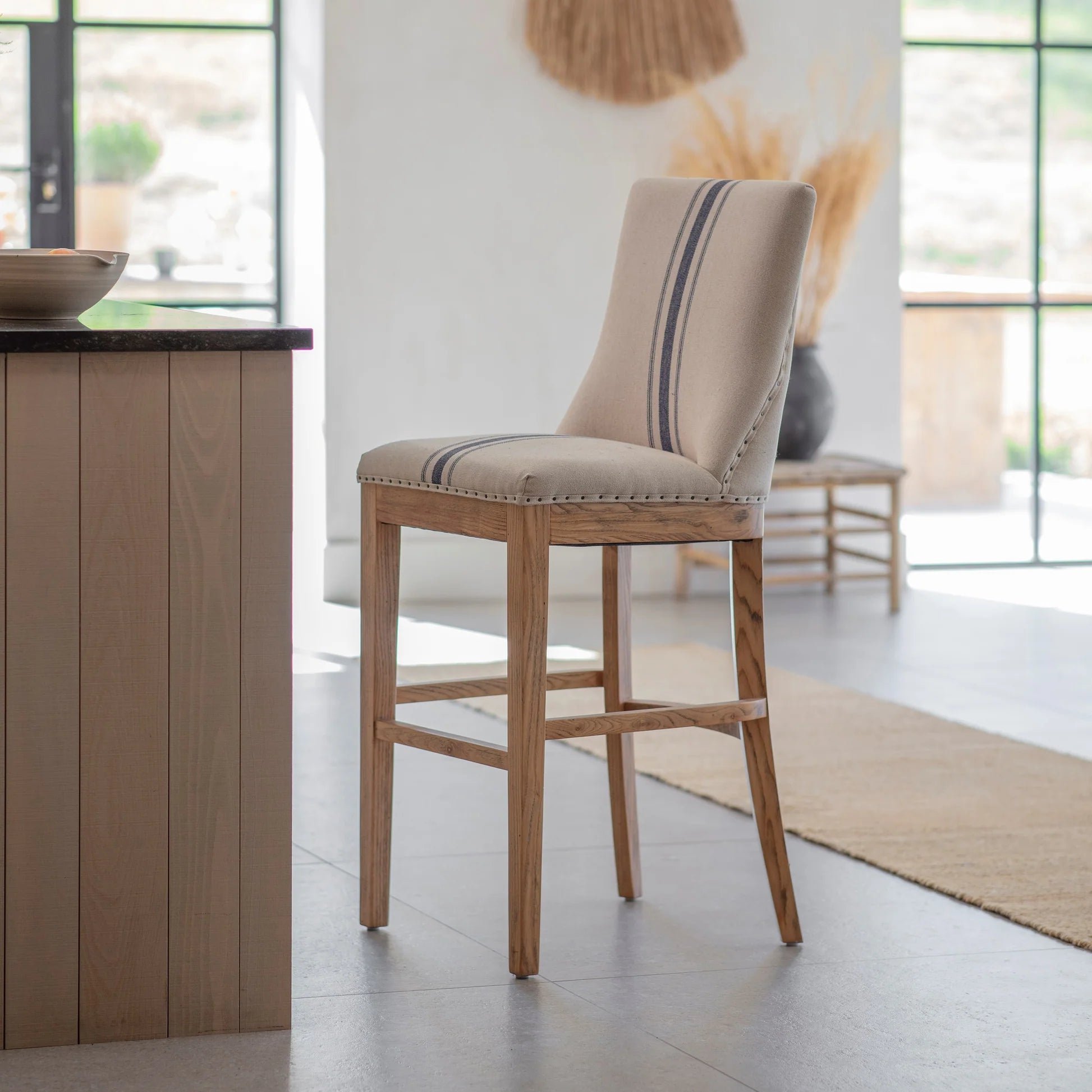 Monroe Blue and Beige Stripe Linen and Oak Bar Stool | Annie Mo's