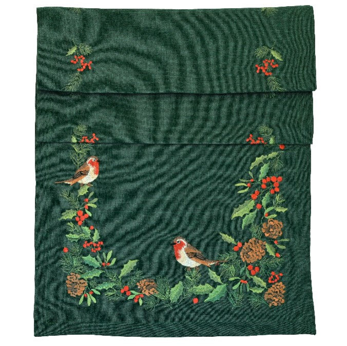 Embroidered Robin Trail Green Table Runner 38x180cm | Annie Mo's