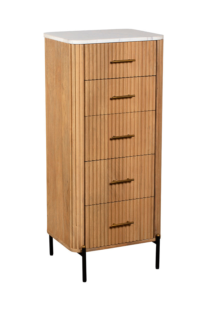 Five Drawer Reed Mango Wood and White Marble Tallboy Chest of Drawers
