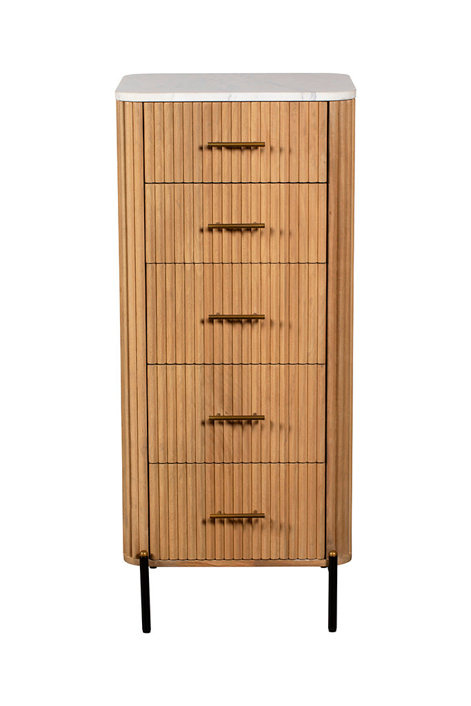 Five Drawer Reed Mango Wood and White Marble Tallboy Chest of Drawers B