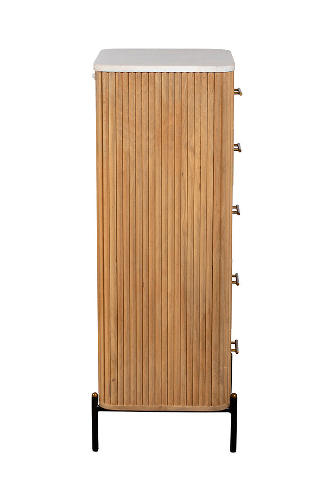 Five Drawer Reed Mango Wood and White Marble Tallboy Chest of Drawers C
