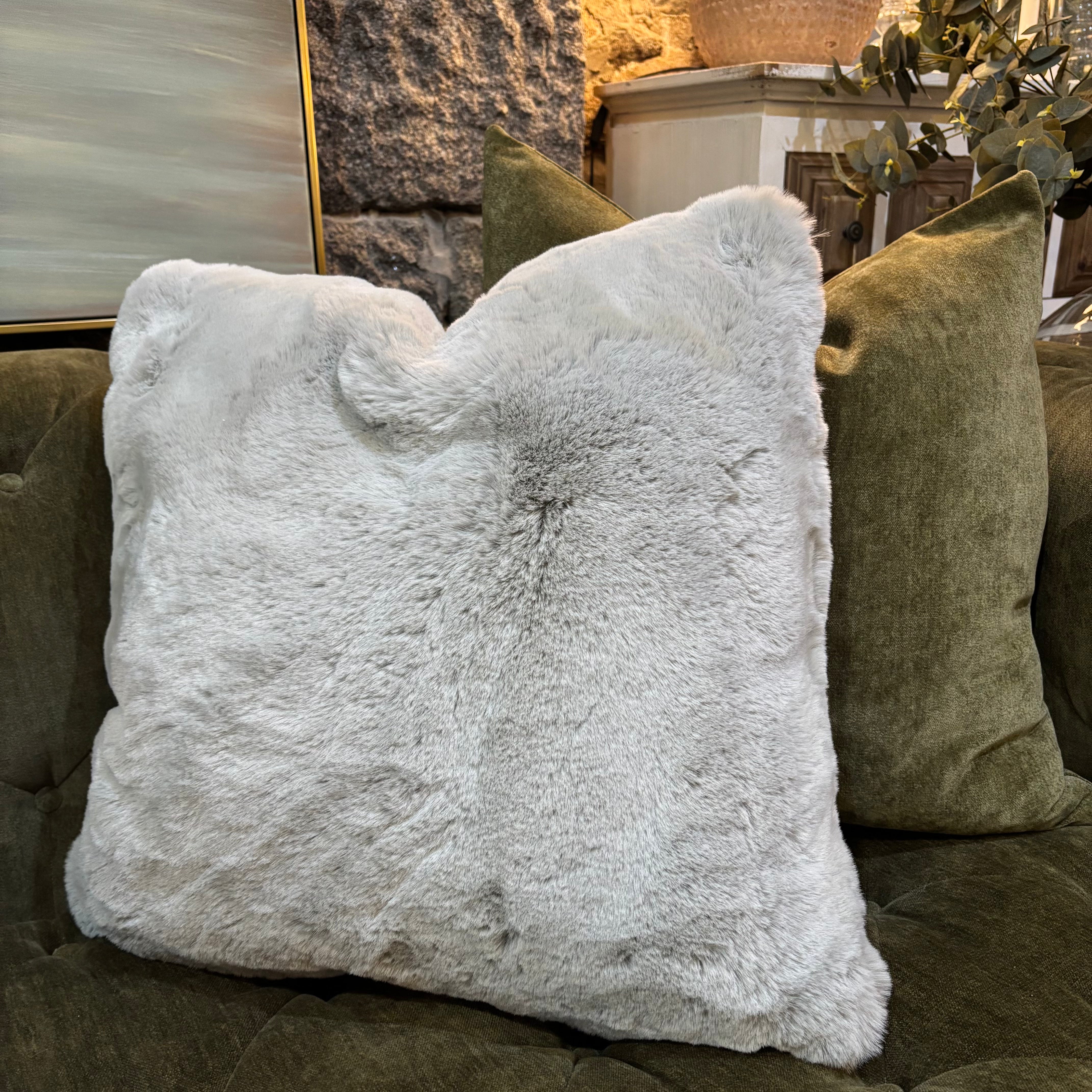 LUXURY FAUX RABBIT CUSHION GREY 50 X 50cm