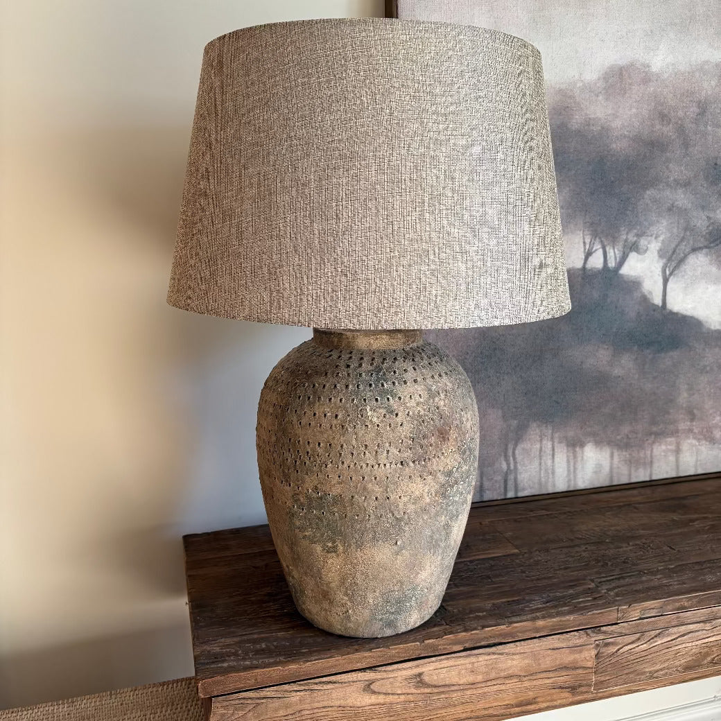 Distressed Stone Effect Table Lamp with Linen Shade 70cm-D