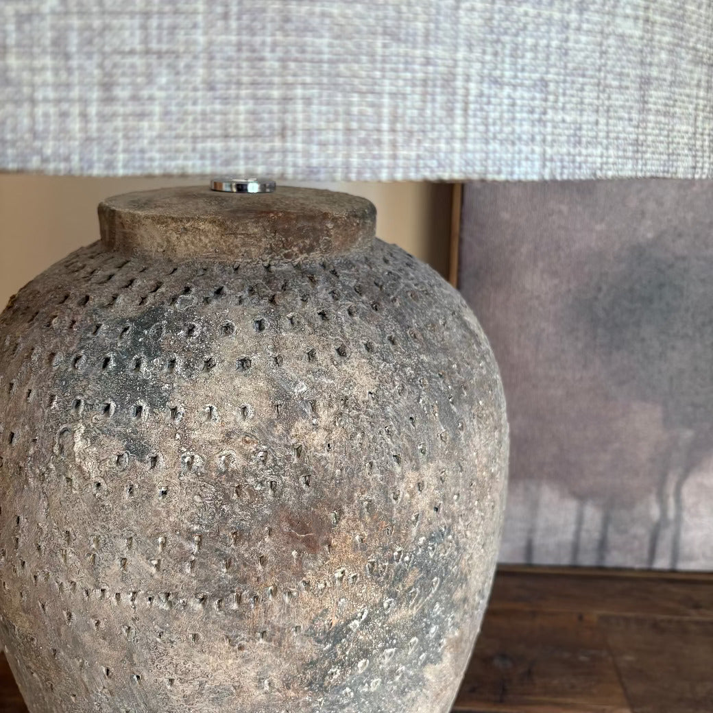 Distressed Stone Effect Table Lamp with Linen Shade 70cm-B