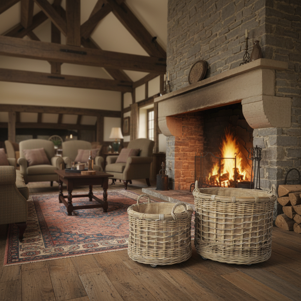 Round Jute Lined Open Weave Baskets with Ear Handles and Wheels