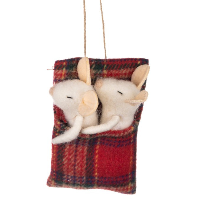 Hanging Tartan Sleeping Bag with Two Mice 10cm | Annie Mo's