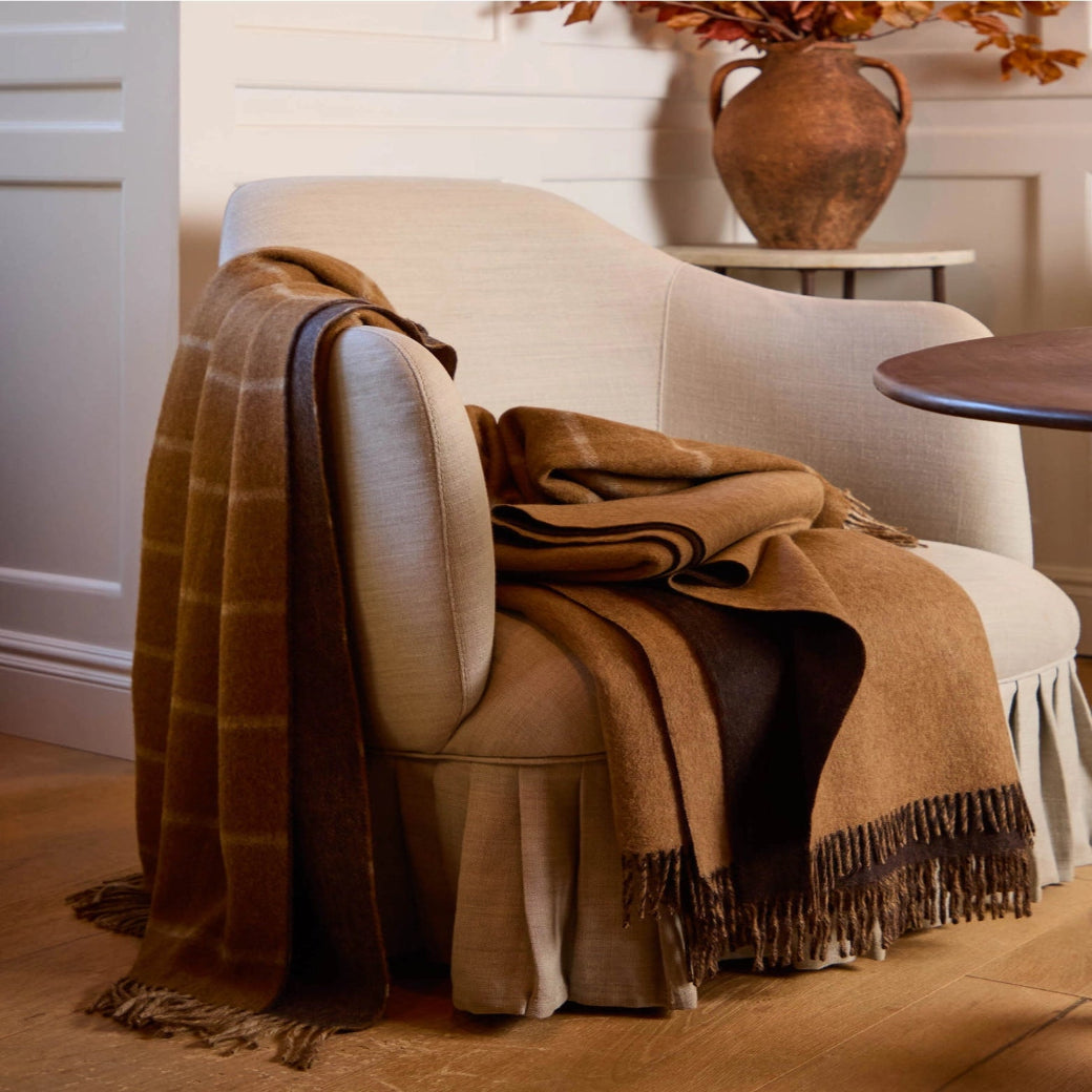 Herringbone Check Merino Throw - Camel and Chocolate-C