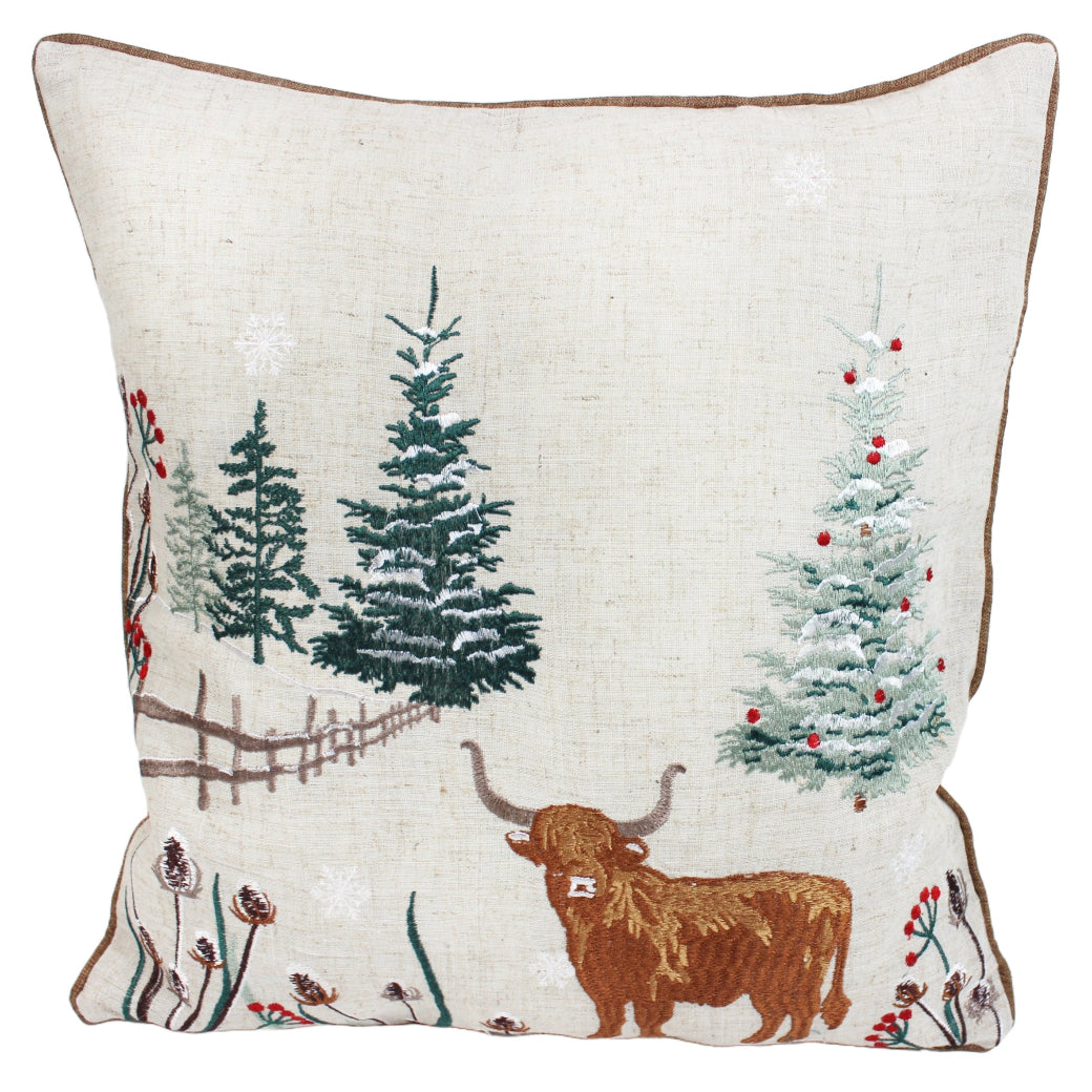Highland Cow Beige Christmas Cushion