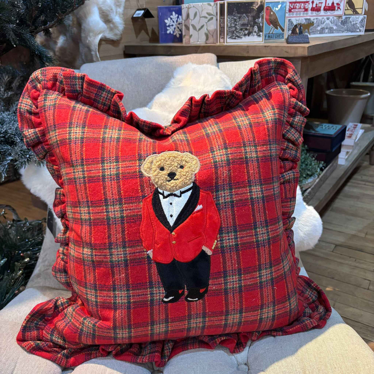 Christmas Tartan Cushion with Bear 45x45cm