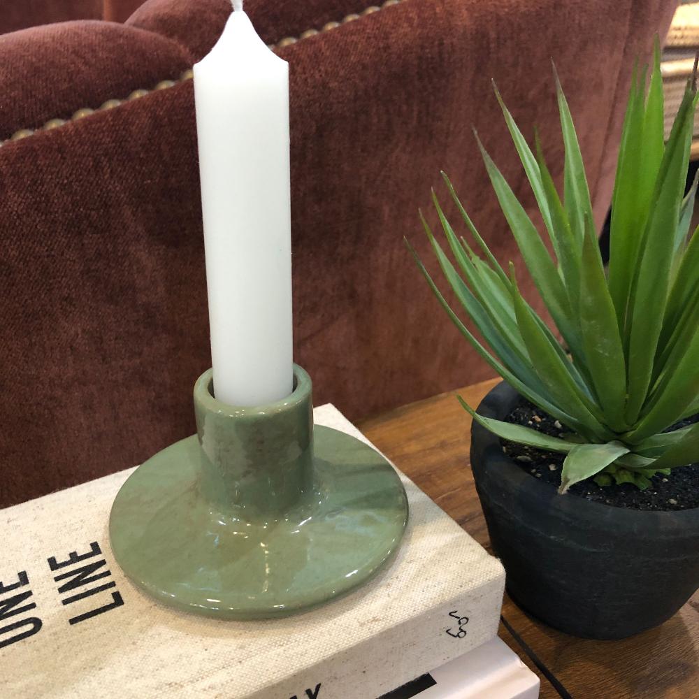 Dusty Green Stoneware Candle Holder for Dinner Candles