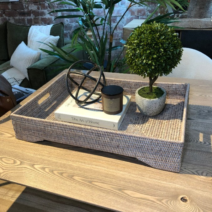 Rattan Large Rectangle Tray with Legs in Natural White Wash 65cm