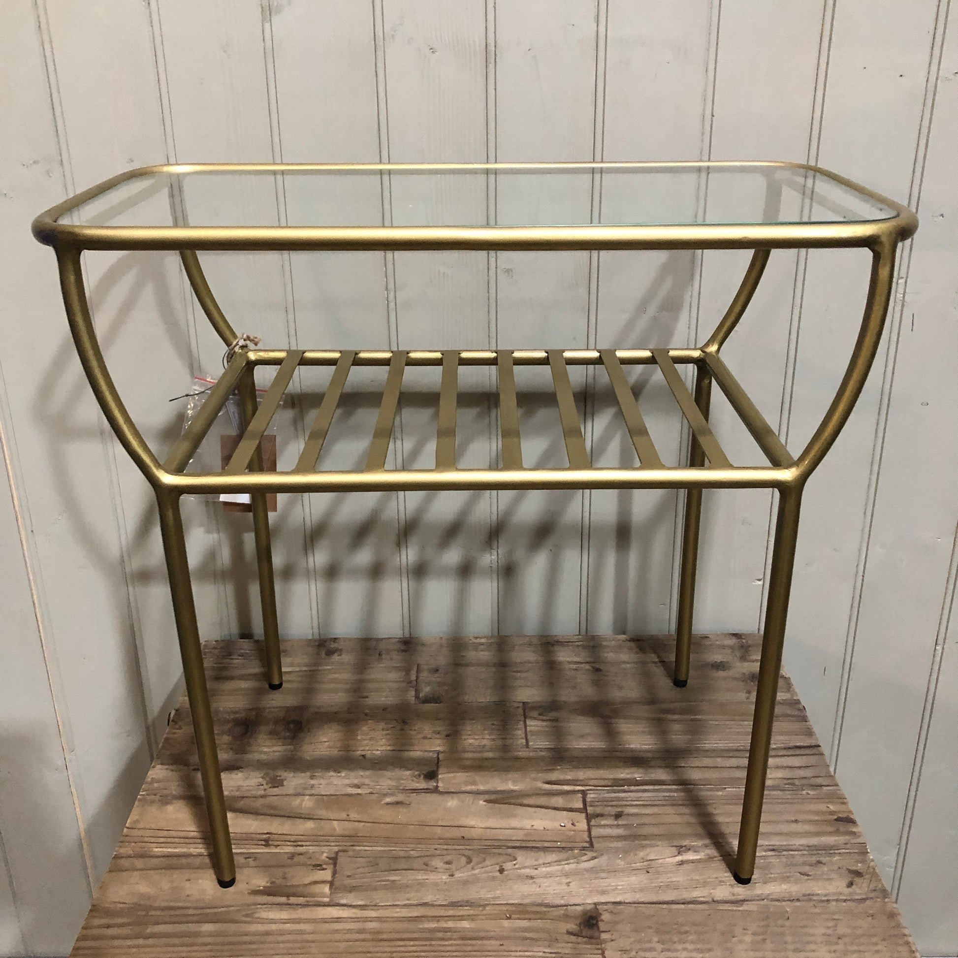 Golden Side Table with Glass Top and Under Shelf - CLEARANCE | Annie Mo's
