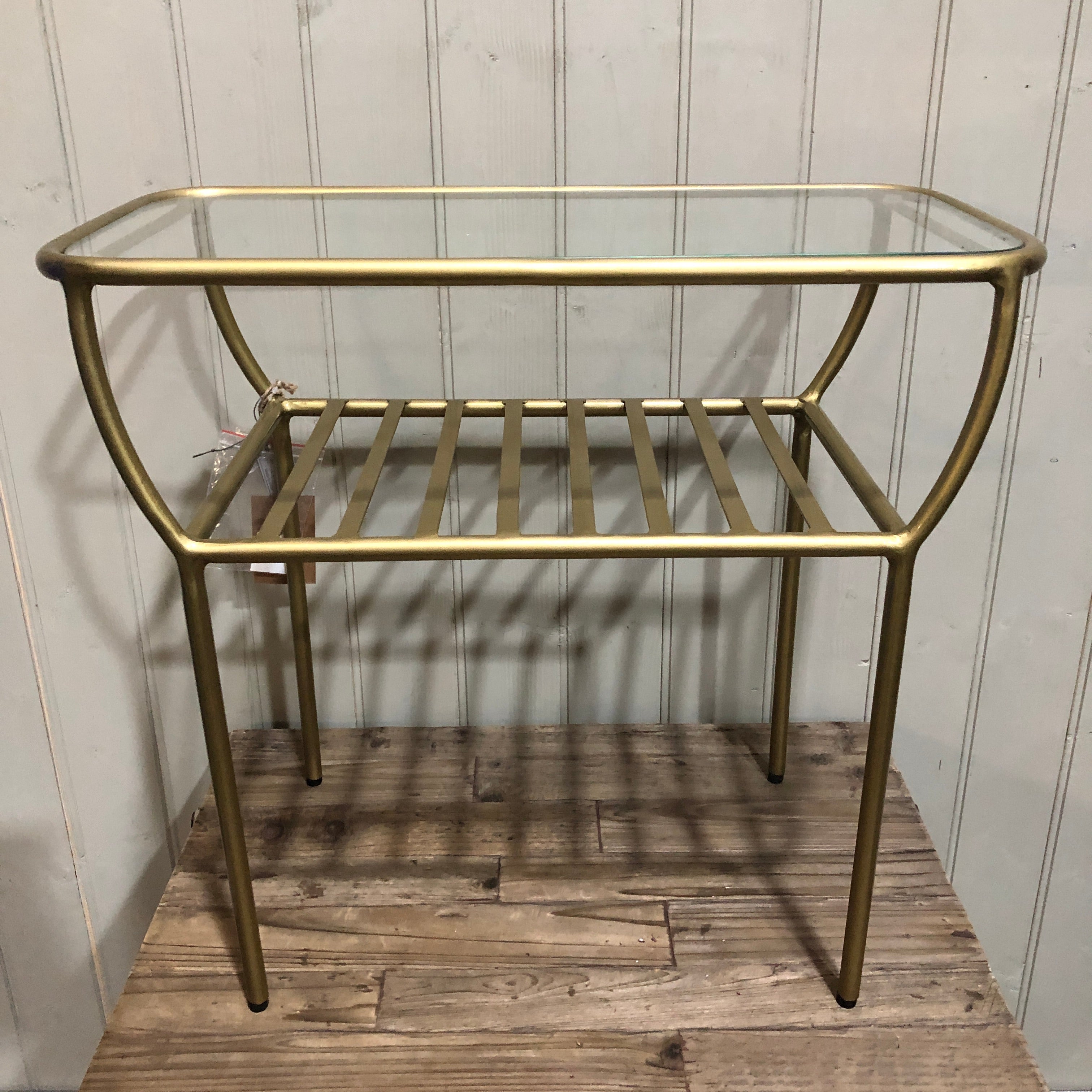 Golden Side Table with Glass Top and Under Shelf - CLEARANCE | Annie Mo's