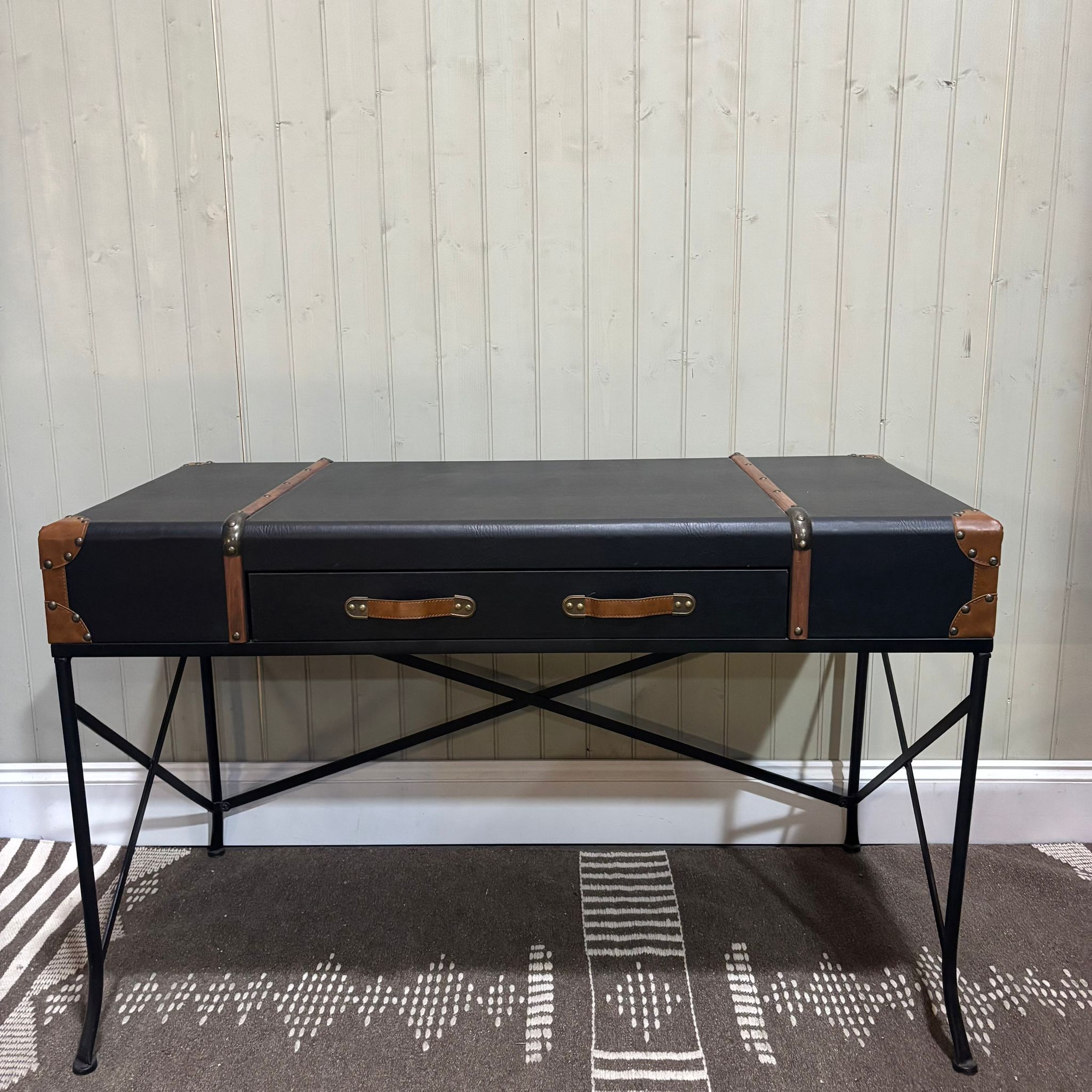 Black Faux Leather Desk with Black Metal Legs - CLEARANCE | Annie Mo's