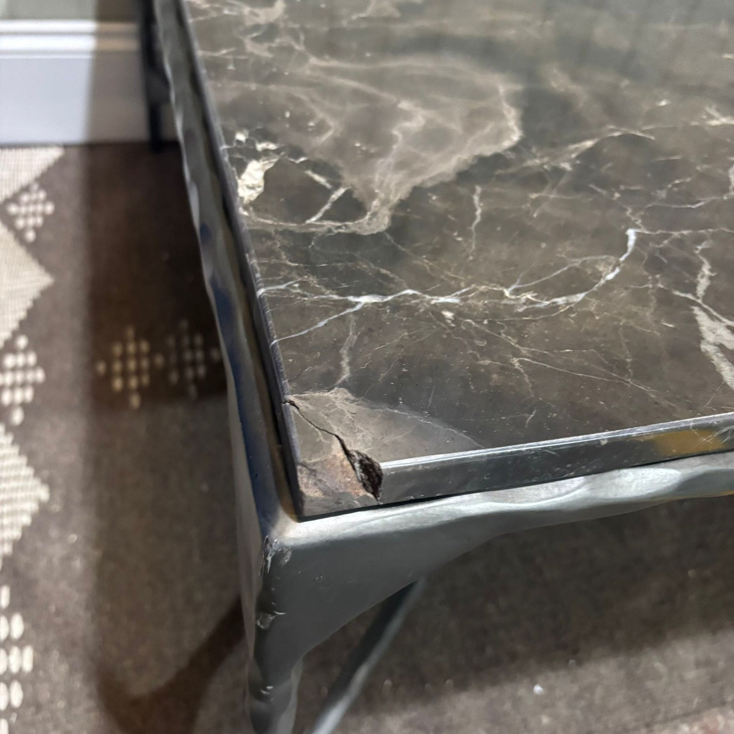 French Brown Marble and Antiqued Gunmetal Square Forged Coffee Table 90cm - CLEARANCE