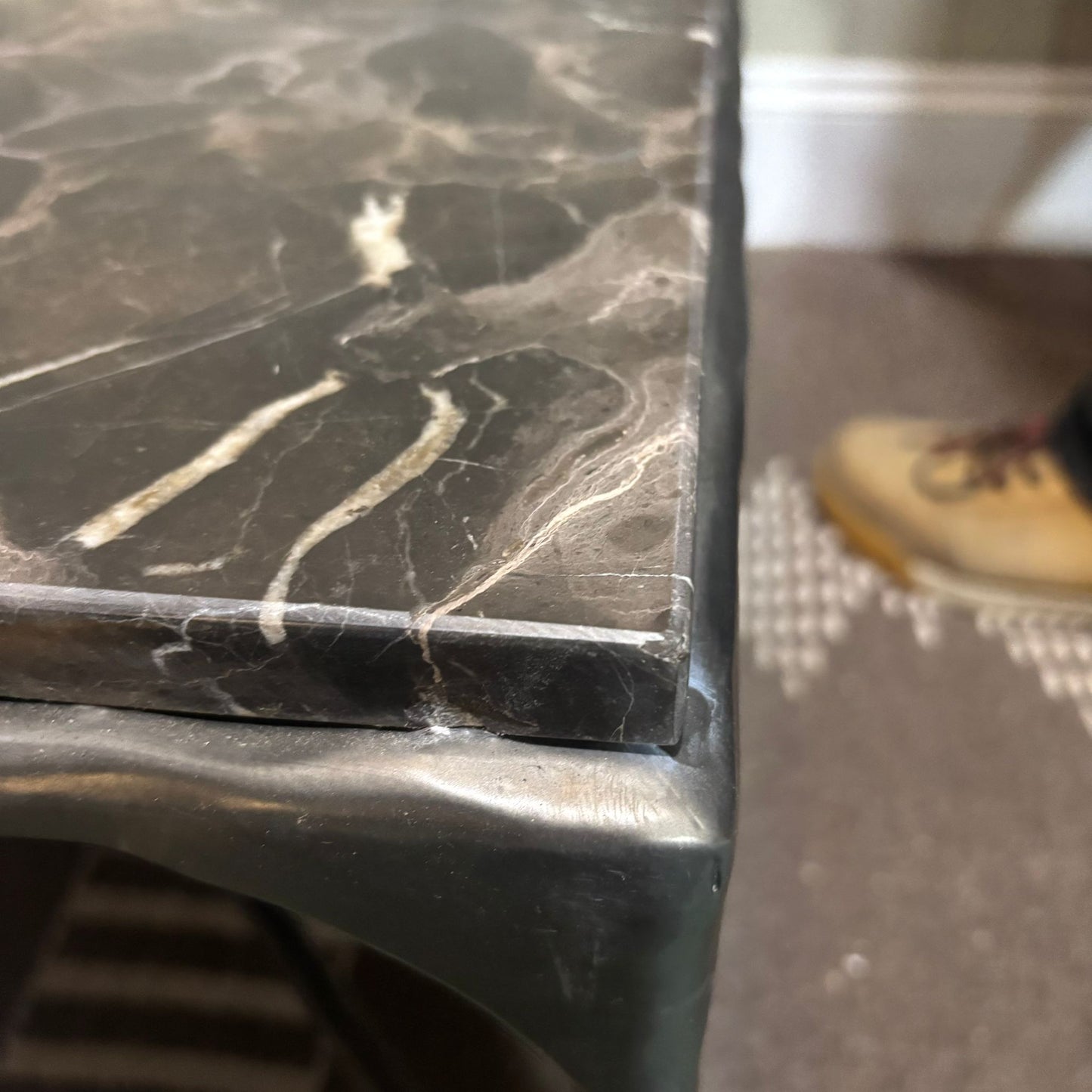 French Brown Marble and Antiqued Gunmetal Square Forged Coffee Table 90cm - CLEARANCE