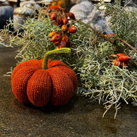 Knitted pumpkin decoration on a table with greenery and pumpkins in the background